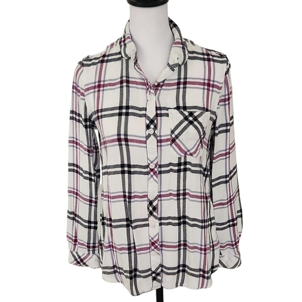 Beach lunch lounge Women's Purple & Black Wht plaid rayon "Flannel" blouse. M - Picture 1 of 9